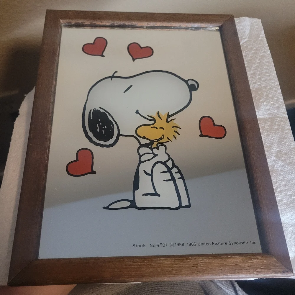 Vintage Snoopy and Woodstock Framed Glass Mirror